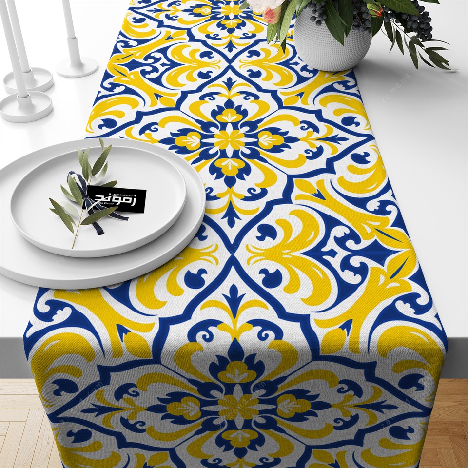 رانر پردیس طرح کاشی قلم آبی و زرد 1 کد 59 آبی-زرد-سفید