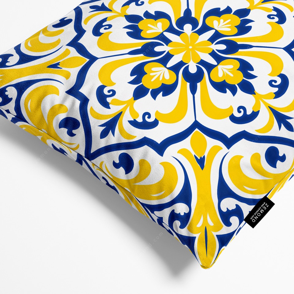 کاور کوسن پردیس طرح کاشی قلم آبی و زرد 1 کد 61 آبی-زرد-سفید