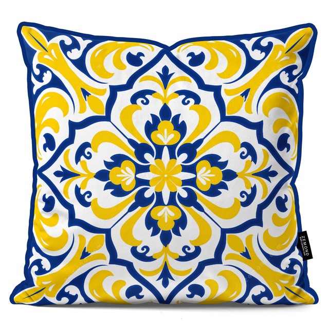 کاور کوسن پردیس طرح کاشی قلم آبی و زرد 1