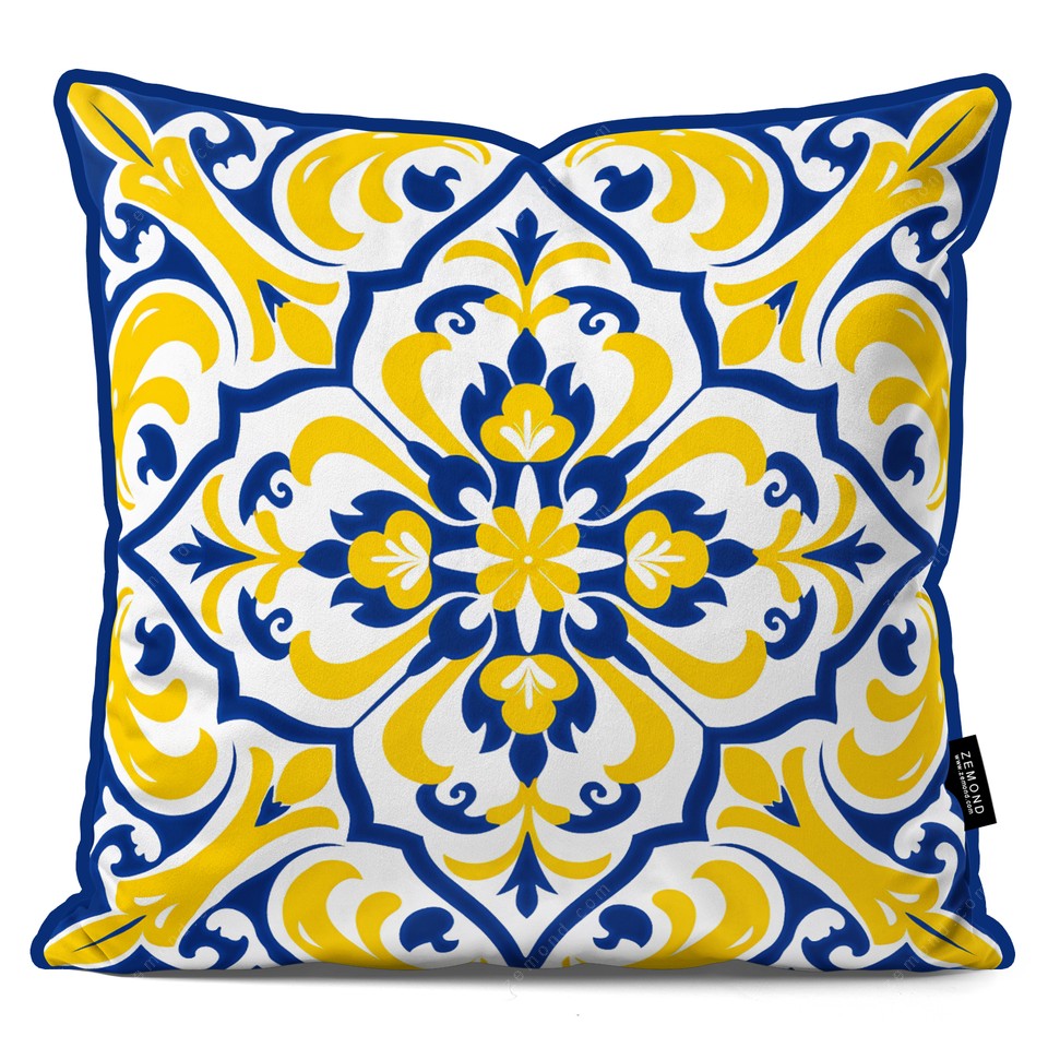 کاور کوسن پردیس طرح کاشی قلم آبی و زرد 1 کد 61 آبی-زرد-سفید