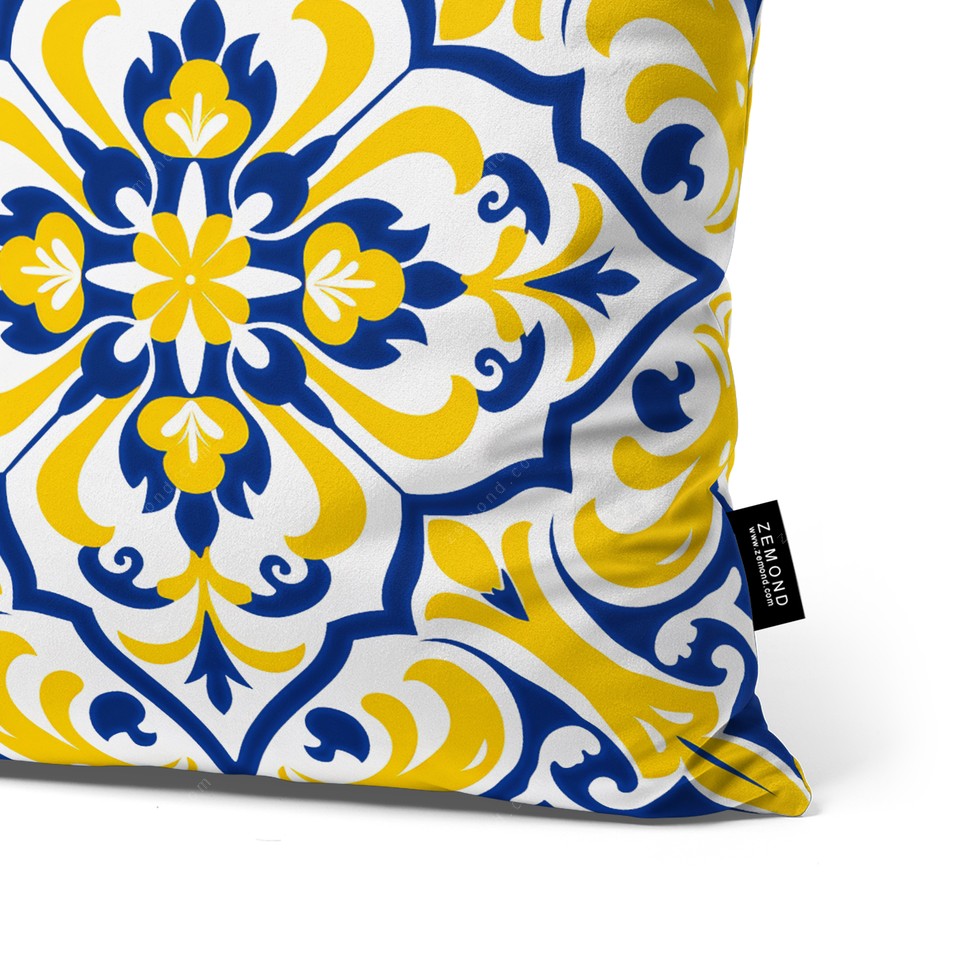 کاور کوسن پردیس طرح کاشی قلم آبی و زرد 1 کد 61 آبی-زرد-سفید