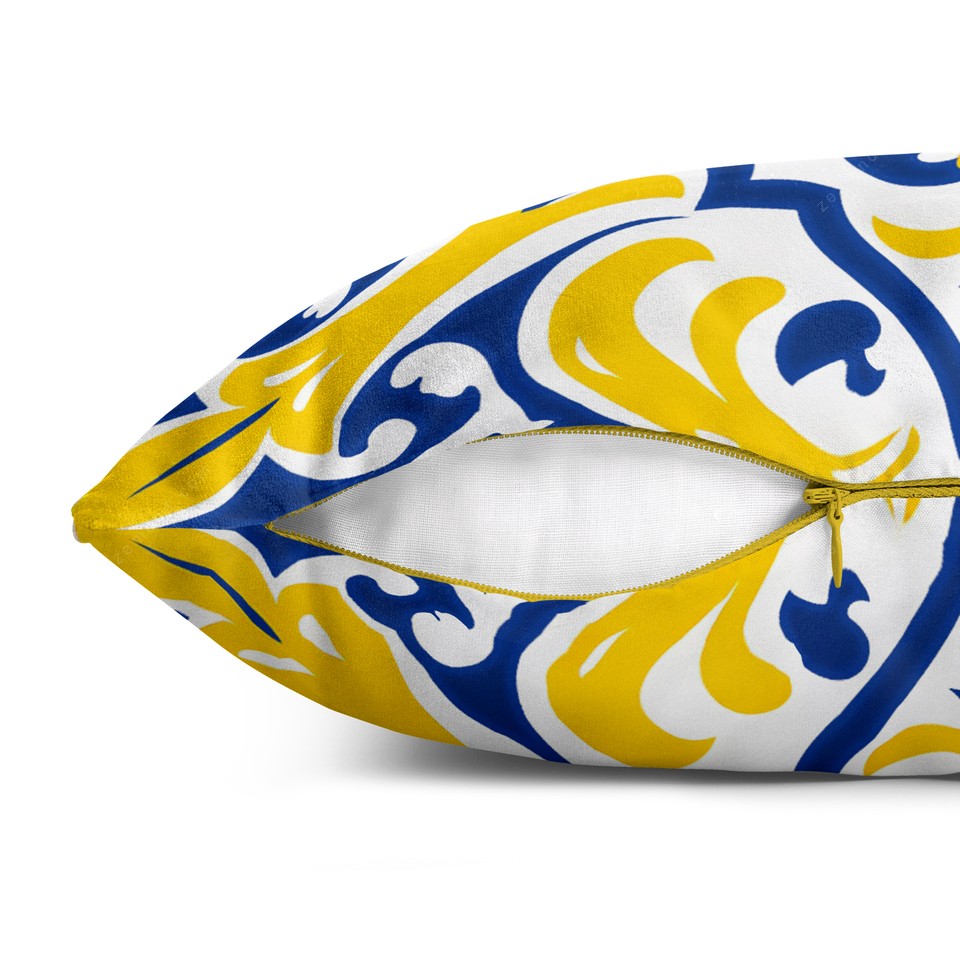 کاور کوسن پردیس طرح کاشی قلم آبی و زرد 1 کد 61 آبی-زرد-سفید