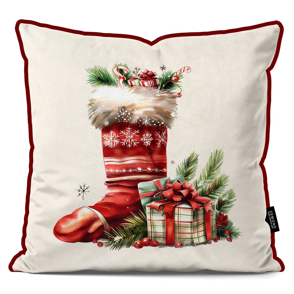 کاور کوسن زیما طرح جوراب کریسمس و هدیه ها کد 90 کرم-قرمز